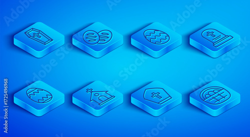Set line Coffin, Christian bread, Easter egg, Church building, Pope hat, Grave with tombstone, and Basket easter eggs icon. Vector