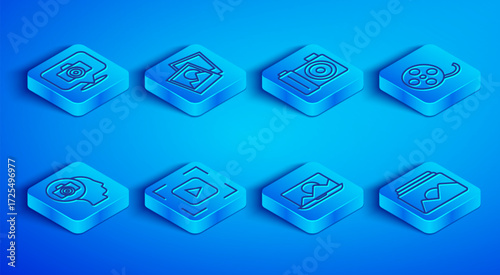 Set line Photo camera, frame, Camera focus line, retouching, Film reel, and icon. Vector