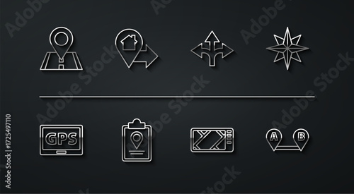 Set line Location, Gps device with map, Wind rose, Folded location marker, house, Route and Road traffic sign icon. Vector