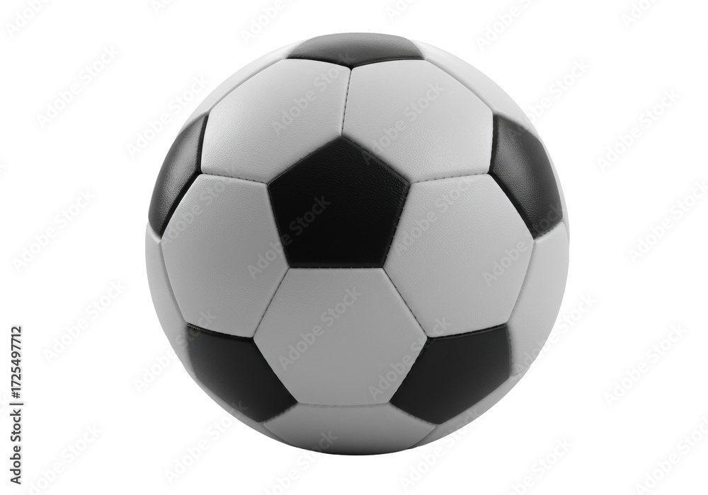 Fototapeta premium Pristine, high-performance soccer ball with white & black hexagonal panels, embossed seams, perfectly inflated on a transparent studio background, commercial product photography concept