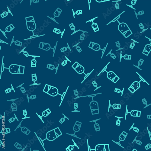 Green line Wine glass icon isolated seamless pattern on blue background. Wineglass sign. Vector
