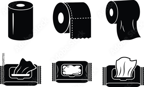 Black and white icons of various paper and wet wipes.