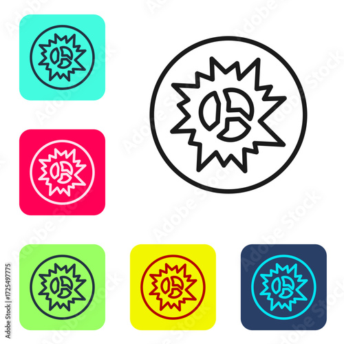 Black line Bomb explosion with shrapnel and fireball icon isolated on white background. Set icons in color square buttons. Vector