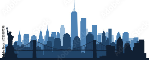New York City skyline silhouette, Statue of Liberty, One World Trade Center, Brooklyn Bridge, iconic landmarks, urban architecture, blue cityscape art