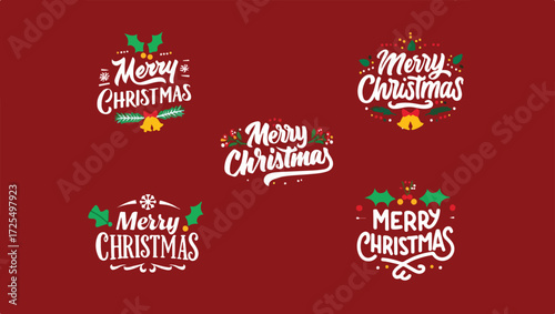 Collection of five different merry christmas typographic designs