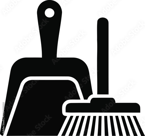 A black and white illustration of a dustpan and brush, common cleaning tools.