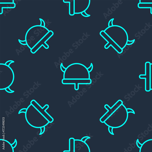 Green line Viking in horned helmet icon isolated seamless pattern on blue background. Vector