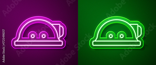 Glowing neon line Miner helmet icon isolated on purple and green background. Vector