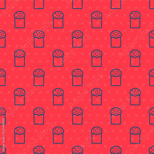 Blue line Easter cake icon isolated seamless pattern on red background. Happy Easter. Vector
