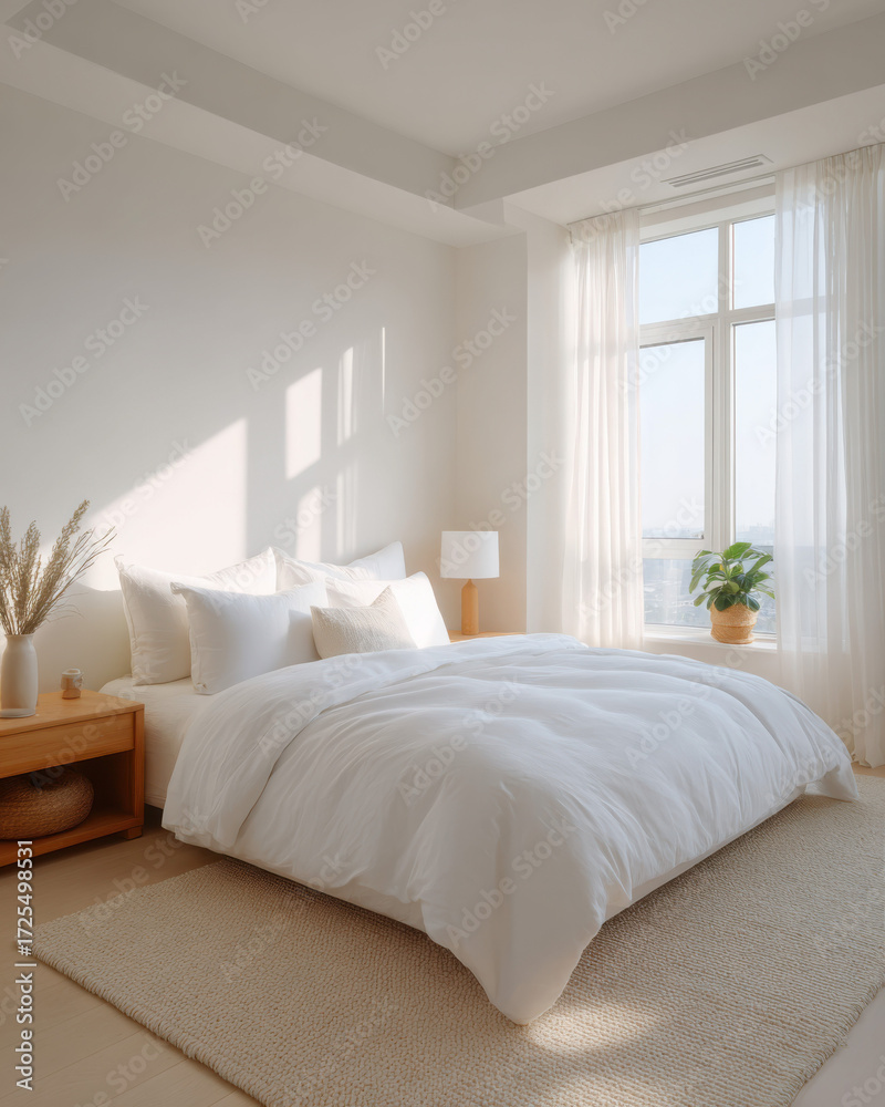 Fototapeta premium Peaceful and bright modern bedroom interior design with cozy white bed. Natural light streams through large window, creating serene and relaxing morning atmosphere