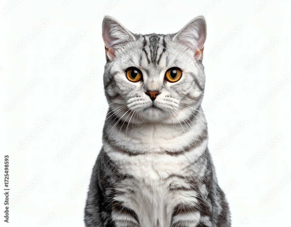 Fototapeta premium Stunning British Shorthair silver tabby cat portrait, bright clean background, crisp DSLR detail, versatile for creative design and advertising campaigns.