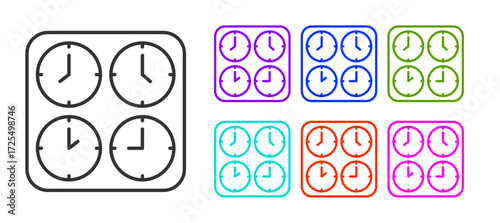 Black line Time zone clocks icon isolated on white background. Set icons colorful. Vector