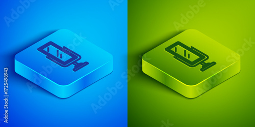 Isometric line Big full length mirror for bedroom, shops, backstage icon isolated on blue and green background. Square button. Vector