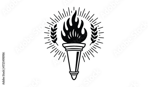 Flaming Torch Emblem Vector, Laurel and Light Rays Silhouette Design.