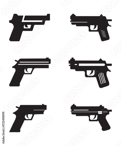 Black Silhouette Handgun Pistol Vector Icons Isolated Set.