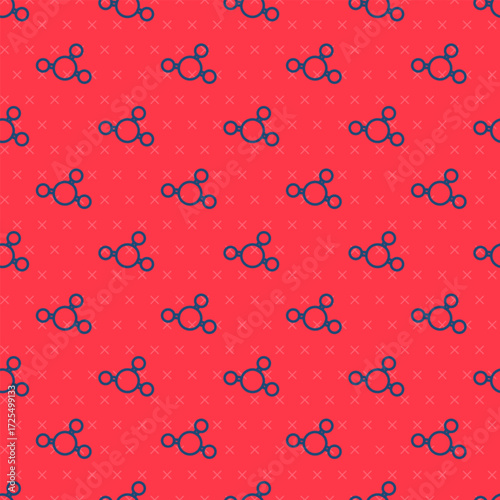 Blue line Molecule icon isolated seamless pattern on red background. Structure of molecules in chemistry, science teachers innovative educational poster. Vector