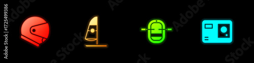 Set Helmet, Windsurfing, Rafting boat and Action extreme camera icon. Vector