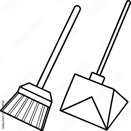 Minimalist illustration of a broom with bristles and a dustpan for cleaning on a white background in black outline vector