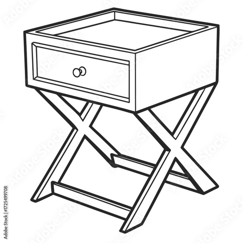 Minimalist illustration of a bedside table with a drawer and an x shaped frame in a black and white line drawing vector