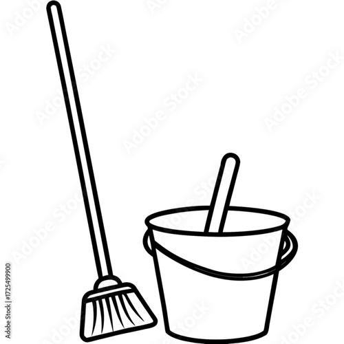 Minimalist illustration of a broom leaning against a bucket with a cleaning utensil inside in black and white outline vector