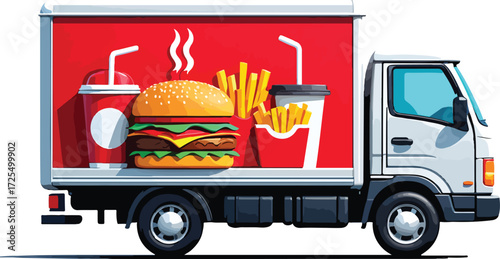 Food delivery truck with burger, fries, and drinks