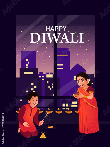 Happy Diwali Indian festival of lights. Vector illustration of cityscape or landscape background with family celebrating festival with oil lamps, and fire crackers.