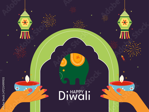 Abstract creative Vector Illustration On Indian festival celebration Happy Diwali with women hands holding oil lamps.
