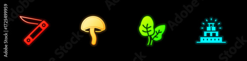 Set Swiss army knife, Mushroom, Tropical leaves and Chichen Itza in Mayan icon. Vector
