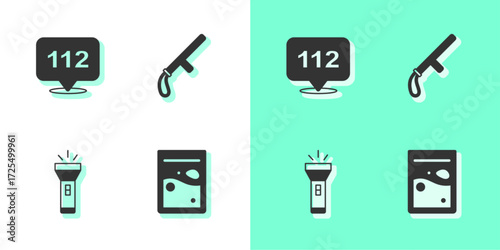 Set Plastic bag of drug, Telephone call 112, Flashlight and Police rubber baton icon. Vector