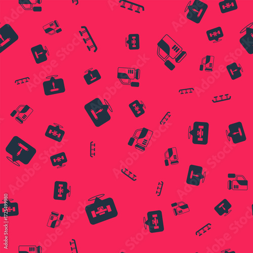 Set Skateboard wheel, stairs with rail, T tool and Cinema camera on seamless pattern. Vector