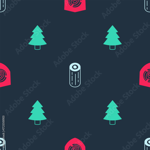 Set Wooden logs, and Christmas tree on seamless pattern. Vector
