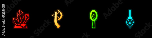 Set Magic stone, Wooden axe, hand mirror and icon. Vector