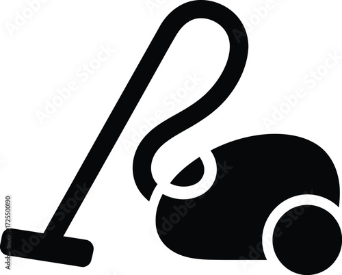 A simple black silhouette icon of a classic canister vacuum cleaner with a hose and wand.
