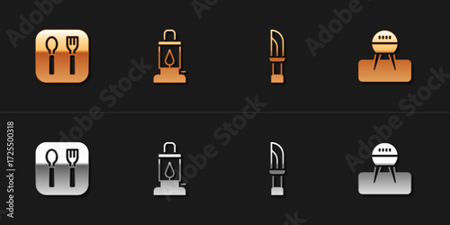 Set Fork and spoon, Camping lantern, Knife and Barbecue grill icon. Vector