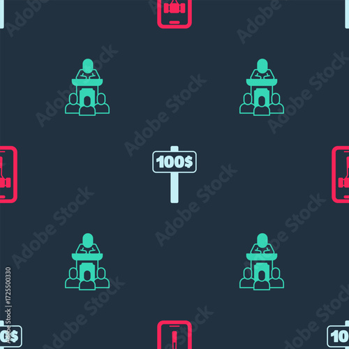 Set Online auction, Hand holding paddle and Auction auctioneer sells on seamless pattern. Vector