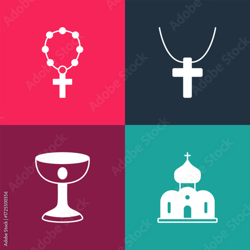Set pop art Church building, Christian chalice, cross on chain and Rosary beads religion icon. Vector
