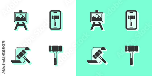 Set Auction hammer, painting, and Online auction icon. Vector