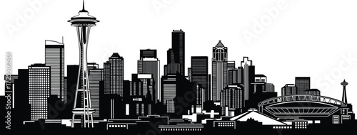 Seattle skyline illustration, Space Needle, Lumen Field, black white cityscape, urban design, stylized architecture, iconic landmark, Washington city silhouette