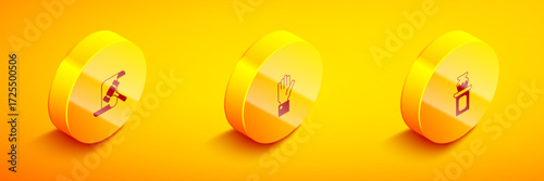 Set Isometric Auction hammer, Hand holding auction and ancient vase icon. Vector