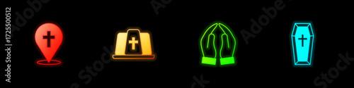 Set Location church building, Pope hat, Hands praying position and Coffin icon. Vector
