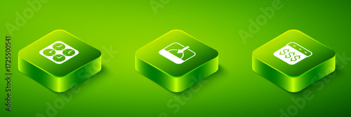 Set Isometric Sunset, Payday, calendar with dollar and Time zone clocks icon. Vector