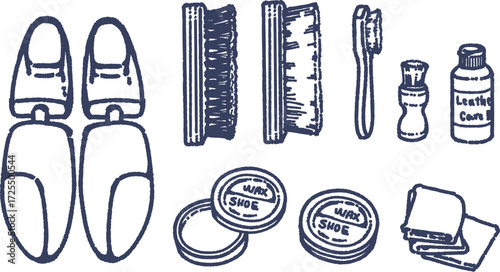 革靴のお手入れをするための道具の線画のイラストセット
