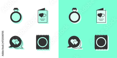 Set Condom in package, Wedding rings, Heart speech bubble and Valentines day flyer icon. Vector