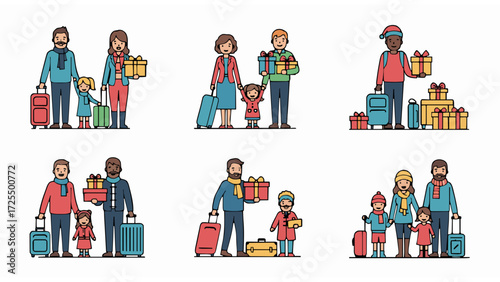 Diverse Families with Luggage and Gifts, Ready for Holiday Travel and Celebrations
