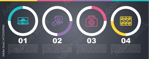 Set line Laptop with cardiogram, Heart cross, First aid kit and Pills in blister pack. Business infographic template. Vector