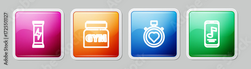 Set line Sports nutrition, , Heart in the center stopwatch and Music player. Colorful square button. Vector