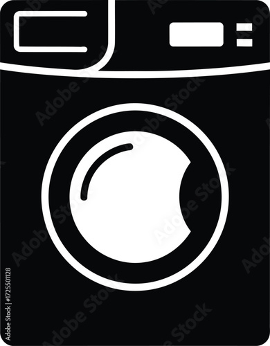 A simple black and white graphic icon representing a modern front-loading washing machine for laundry.
