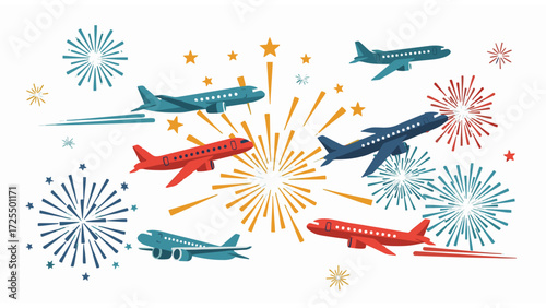 Group of passenger planes soaring through a vibrant firework celebration for a special occasion