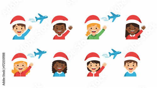 Collection of multiethnic children in Santa hats waving for a holiday airplane journey, symbolizing Christmas travel and celebration