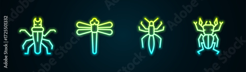 Set line Termite, Dragonfly, Spider and Beetle deer. Glowing neon icon. Vector